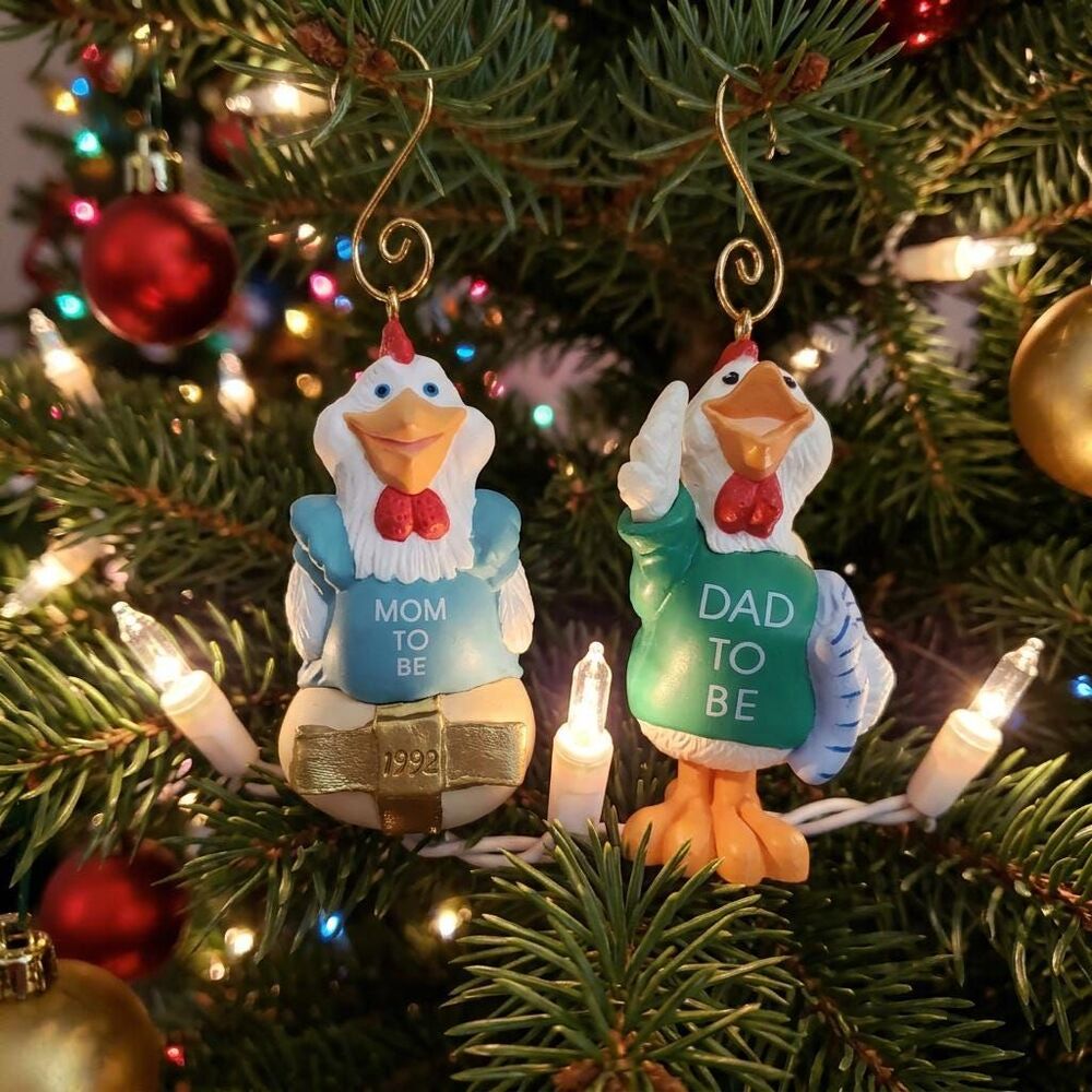 Hallmark Mom to Be / Dad to Be Christmas Ornaments - Set of 2 Hen & Rooster 1992